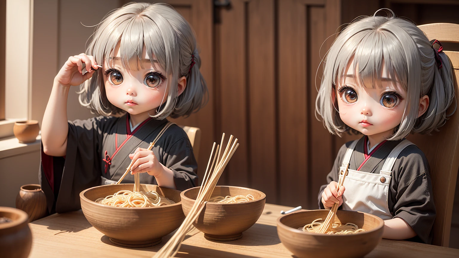 masterpiece、top-quality、Ultra-detail、(Chibi Chara's Daughter:1.2)、solo、//((Gray thin noodles:1.2)These go into Japanese-style vessels))、Holding this vessel、Holding chopsticks in hand、sitting in the chair