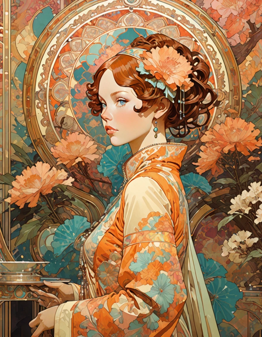 fluid Chinoiserie organic abstract psychedelic candid pose jugendstil Ella Hughes by kevin wada and John Pitre and Robert McGinnis, darren grealish patterns alphonse mucha, legendary epic, elite, elegant, intricate, highly detailed, extremely sharp focus, cinematic light, magic, futuristic, new, great composition, romantic
