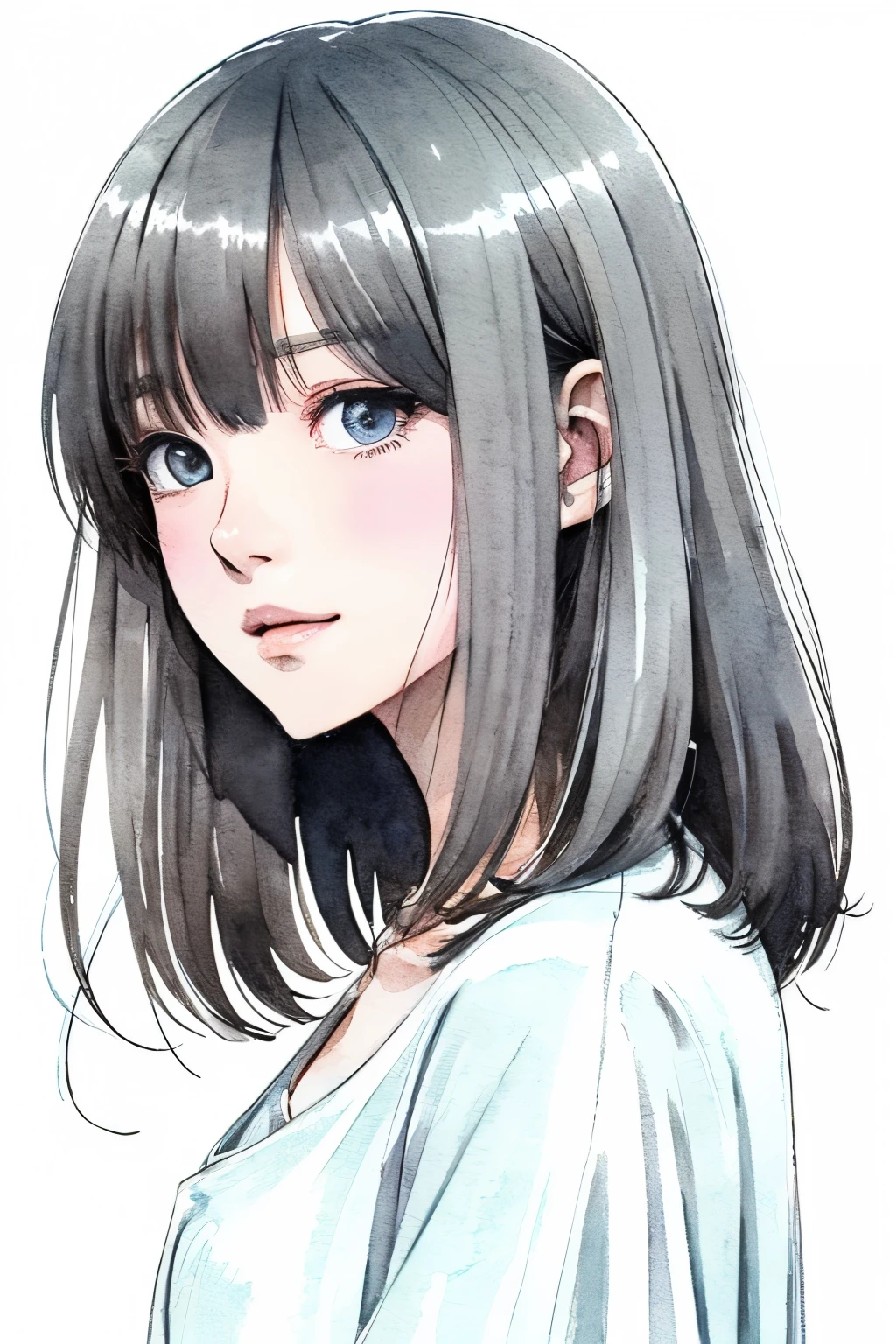 Watercolor、(Illustration style)、(Showa Anime)、Woman looking this way、(highest quality)、extra short length Hair, dark gray hair color