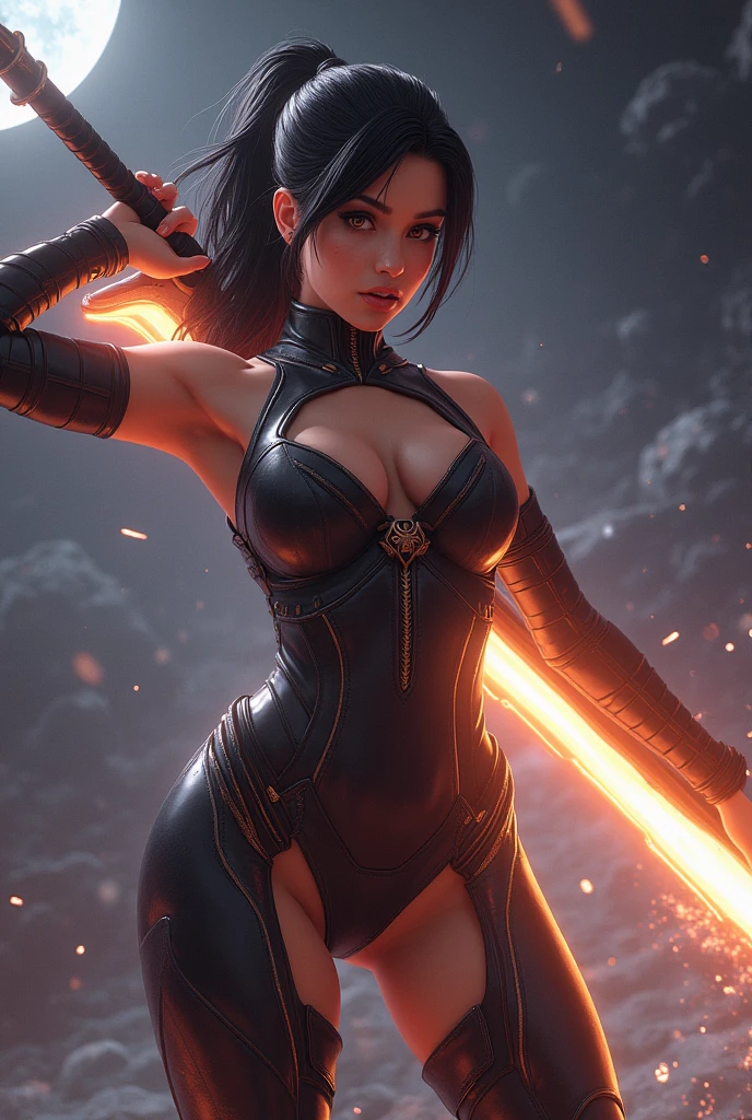 Eve, Stellar Blade, bust, tight suit, space, nalgona, hair tied, Honey eyes, DARK hair, simple background, 8k, HD, high, heels, 3D, Hot, natoraj, ps5