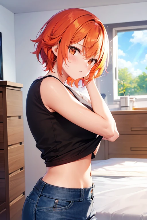 a girl, short bright orange hair, from side, rainbow clothes (there/them, lesbian)