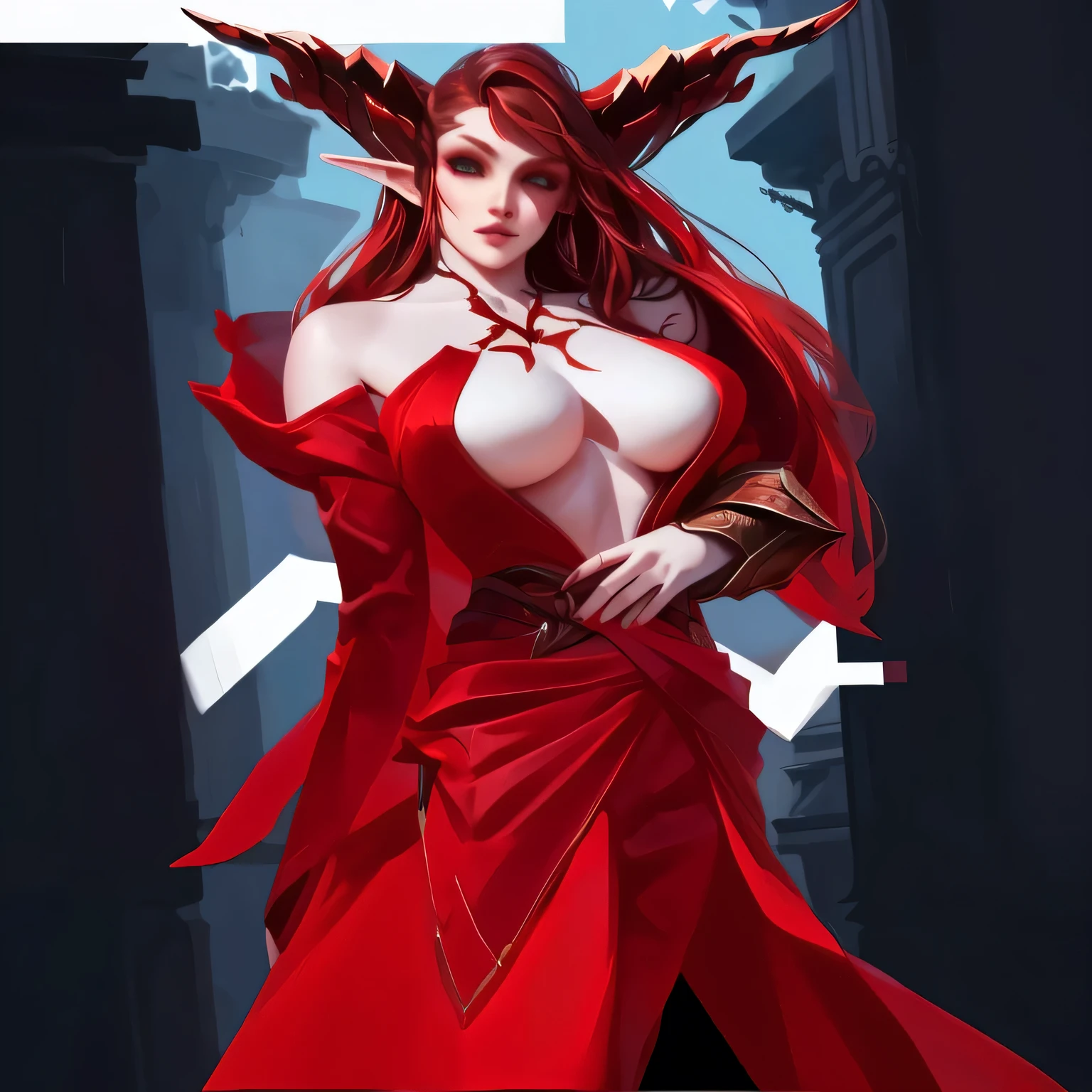 a woman in a red dress, devil head and horns, lady in red armor, v from devil may cry as an elf, dressed in a beautiful red robe, crimson attire, castlevania witch, red robe, very sexy devil outfit, red cloak, red robe, crimson clothes, fully clothed in red robes, red robes, full body devil woman