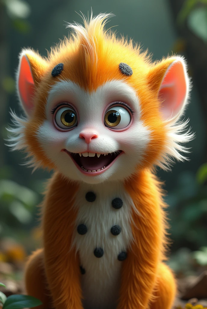 create a photo realistic character named The Moon Monkey, he is an adorable monkey with orange and white fur with black spots resembling moons patterns, he also has white eyes and a dentist’s head mirror reflector