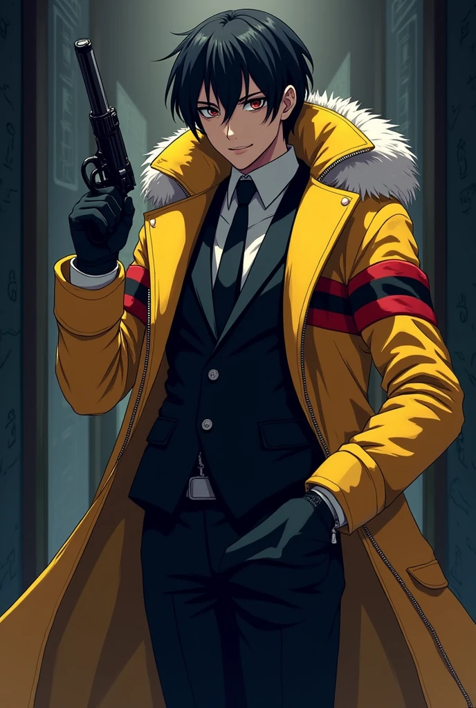 A killer wearing a suit with a yellow winter coat with several red and black stripes and this man is holding a revolver in anime pixel art style