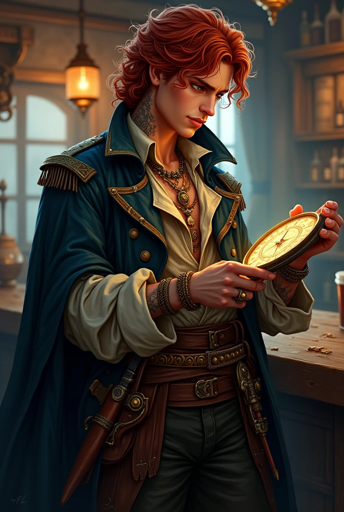 Generate the image of a pirate for a DnD campaign total body. A male pirate around 20 years old. He has mid length red curly hair, no facial hair. He’s wearing a leather trench coat, under the coat a soft shirt open, he’s wearing a belt with a red band, on the side he had two sabers and two XVI century guns. He’s wearing many bracelets and necklaces, he has many tattoo. He’s looking at his old compass at the pub
