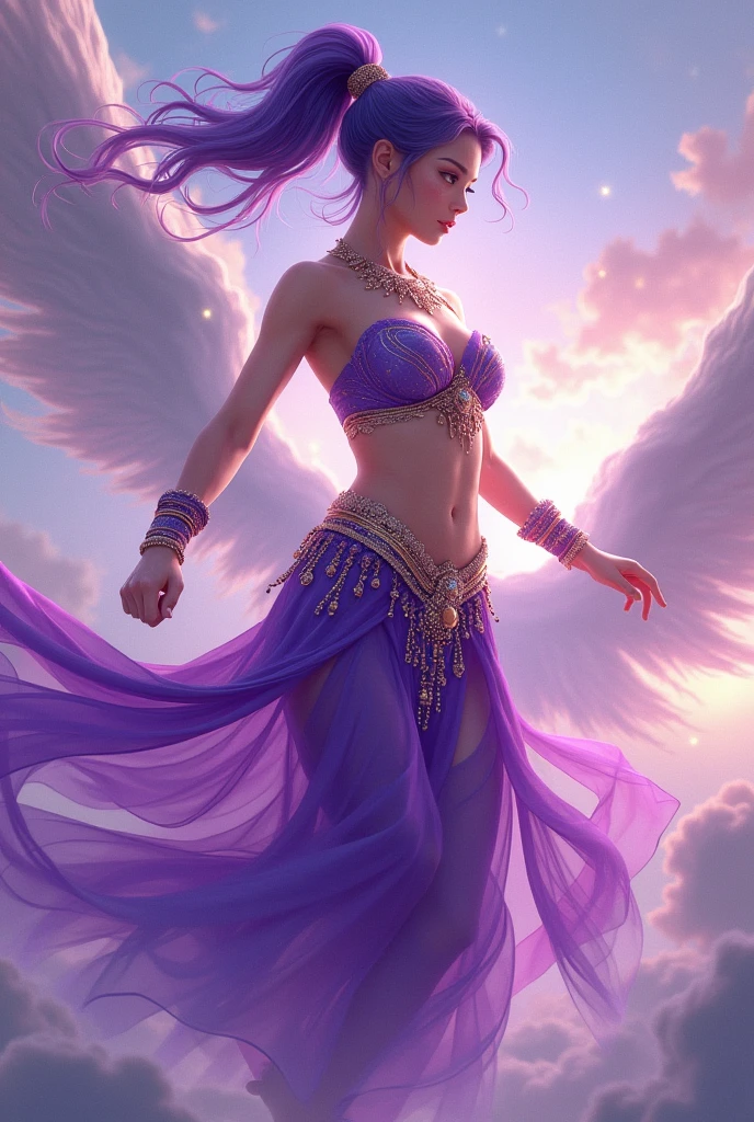 Teen girl, ponytail, crop top, belly, violet hair, belly dancer outfit violet and white color, ziyan battle through the heavens