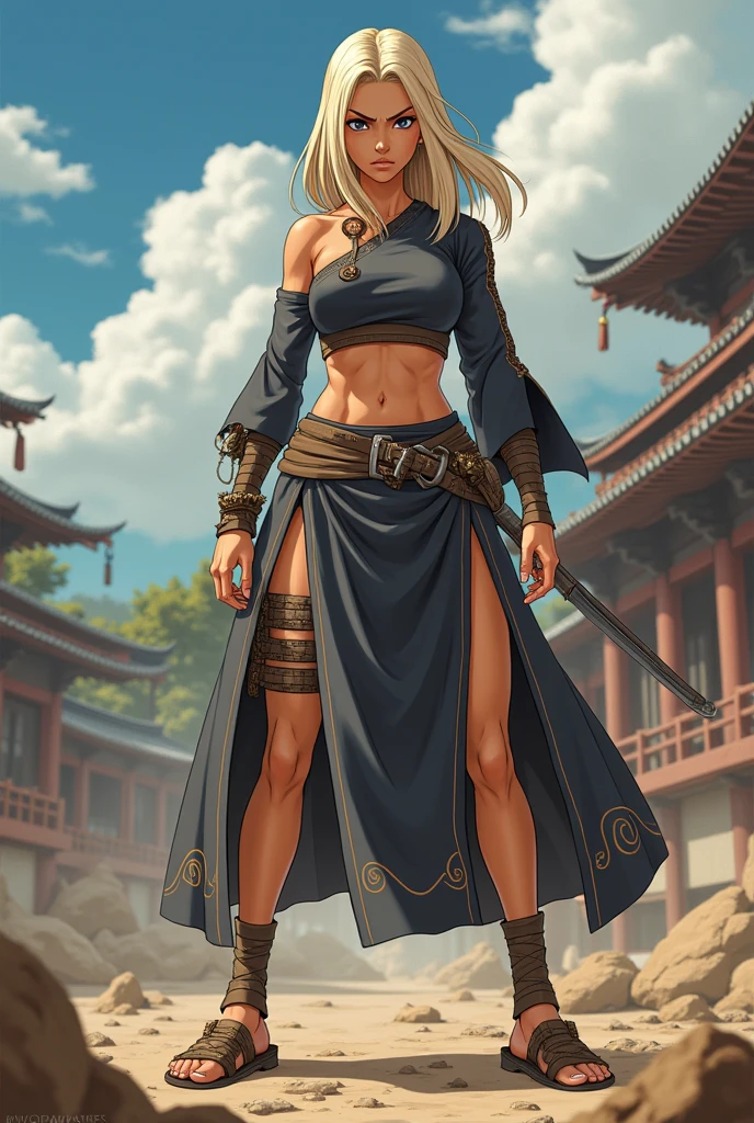 In Naruto style female with kimono looking top A tall and large, tan skinned woman with serious, black eyes, no eyebrows, a hooked nose and a lean face. She has straight, light blonde hair, she is in a battle her appearance of clothing she has spilt in her skirt and she has sandals is light take inspiration from Tsunade and Mei terumi with fullbody and face shots profiles