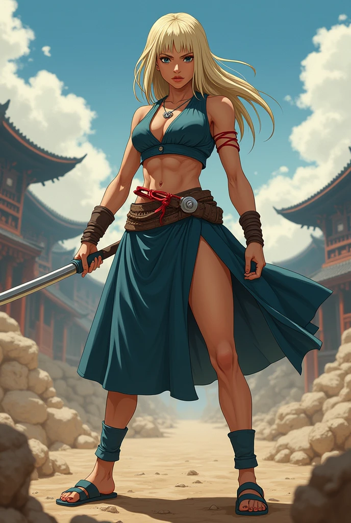 In Naruto style female with kimono looking top A tall and large, tan skinned woman with serious, black eyes, no eyebrows, a hooked nose and a lean face. She has straight, light blonde hair, she is in a battle her appearance of clothing she has spilt in her skirt and she has sandals is light take inspiration from Tsunade and Mei terumi with fullbody and face shots profiles