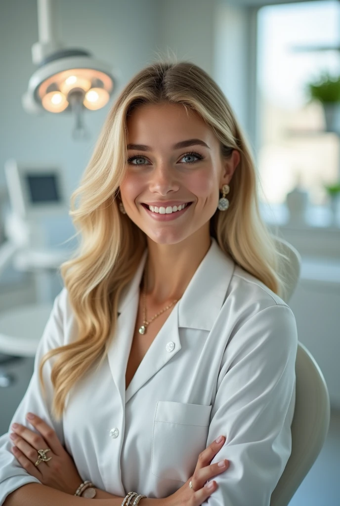 Make a picture of a blonde preppy girl who does dentistry 
