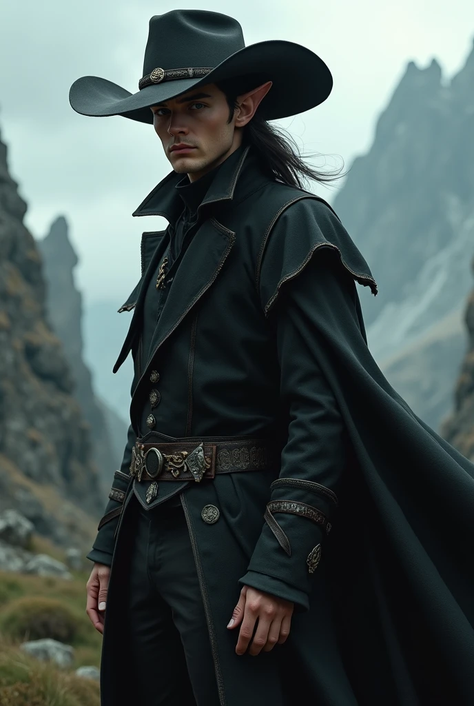Half Elf Male Black Coat and Cowboy Hat RPG.