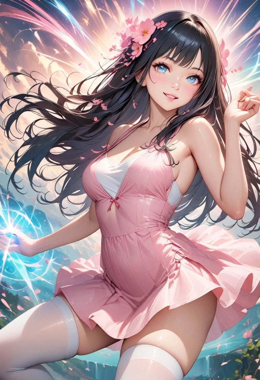 1 anime girl, Asian woman, soft pink dress, micro skirt, white thigh high stockings, dancing, magic sparkles, bright blue eyes, glowing eyes, black hair, long hair, pink flowers in hair, smile, pink blossoms, detailed face, smooth soft skin, ultra-realistic, soft hairs, looking into the camera, starburst magic from hand, casting a spell