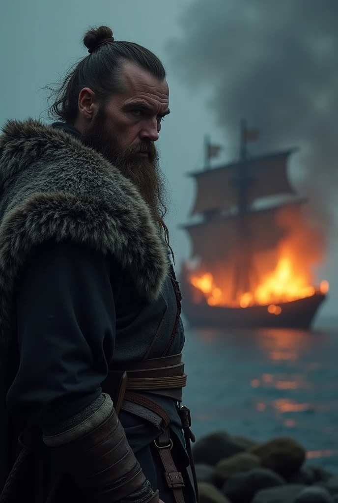 MAKE A VIKING CLOSE TO THE CAMERA, defocused, ALL DARK, IT&#39;S HARD TO SEE HE&#39;S FACING HIS BACK IN THE BOTTOM THERE&#39;S A BOAT ON FIRE 
