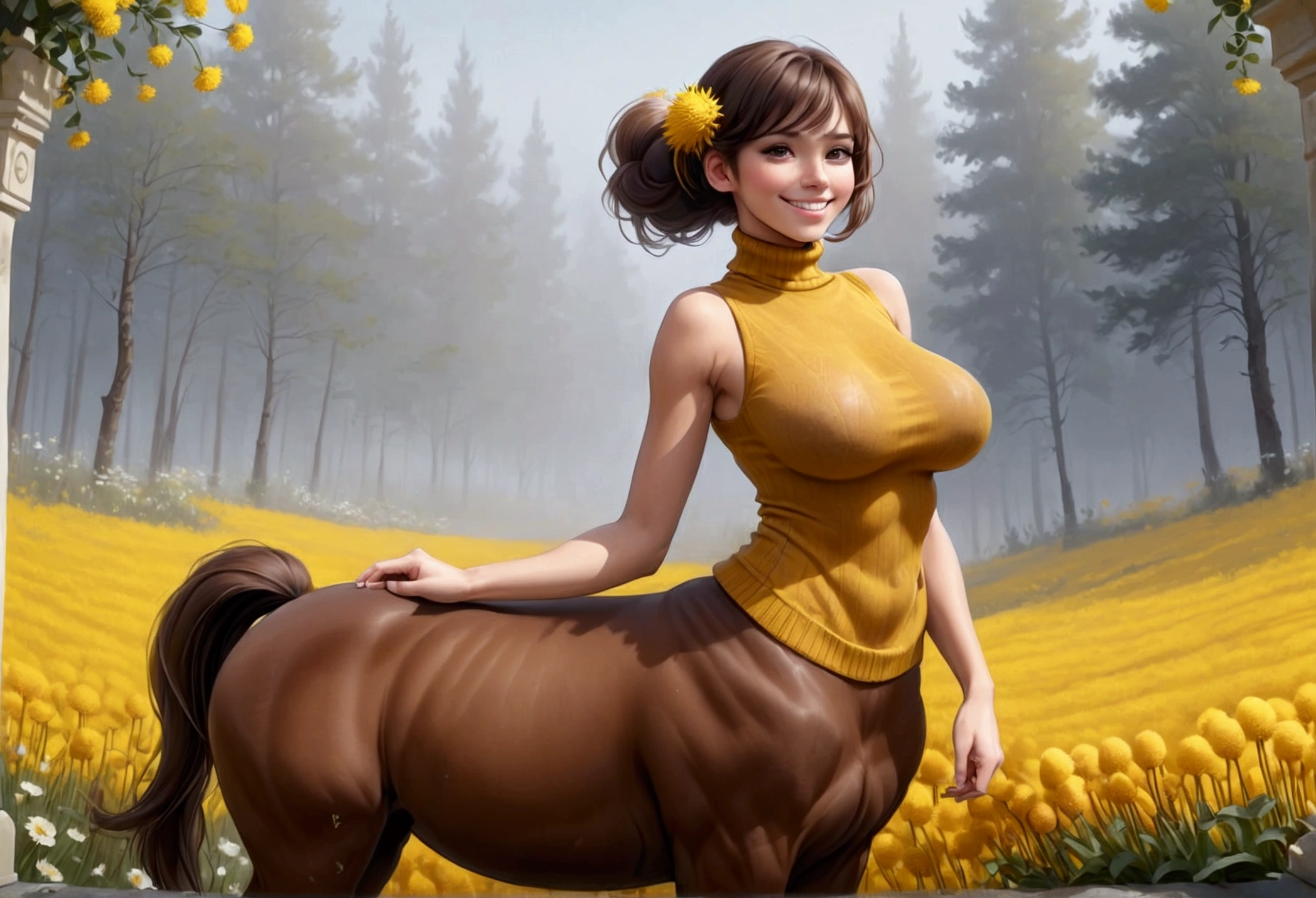 fictional character, female centaur, lower body, solo, 1girl, luxury sleeveless turtleneck tops, fingersmile, own hands together, foggy atmosphere, Craspedia \(flower\), floral background, gigantic breasts, from side, full body shot