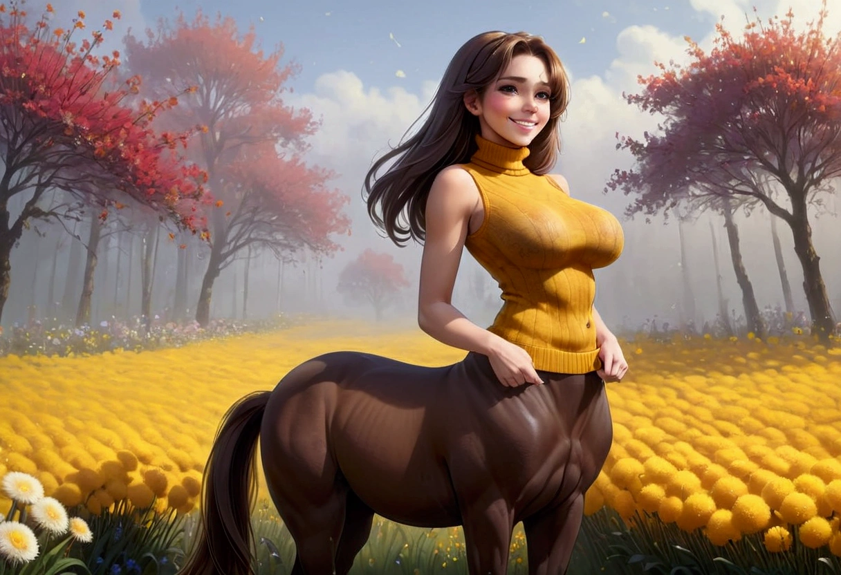 fictional character, female centaur, lower body, solo, 1girl, luxury sleeveless turtleneck tops, fingersmile, own hands together, foggy atmosphere, Craspedia \(flower\), floral background, gigantic breasts, from side, full body shot