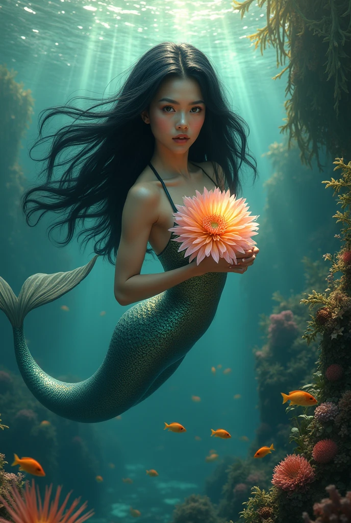 mermaid, black hair, swimming in the seas with a big flower in her hands, looking at the camera