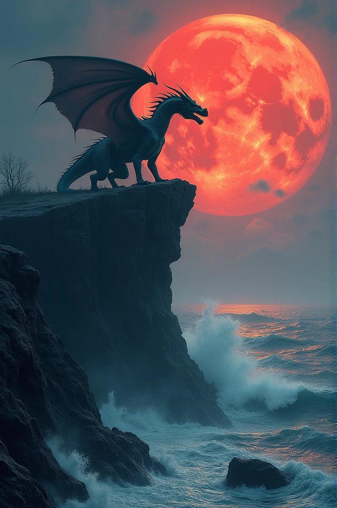 Fire-breathing dragon on cliff at seaside with choppy waves and red full moon