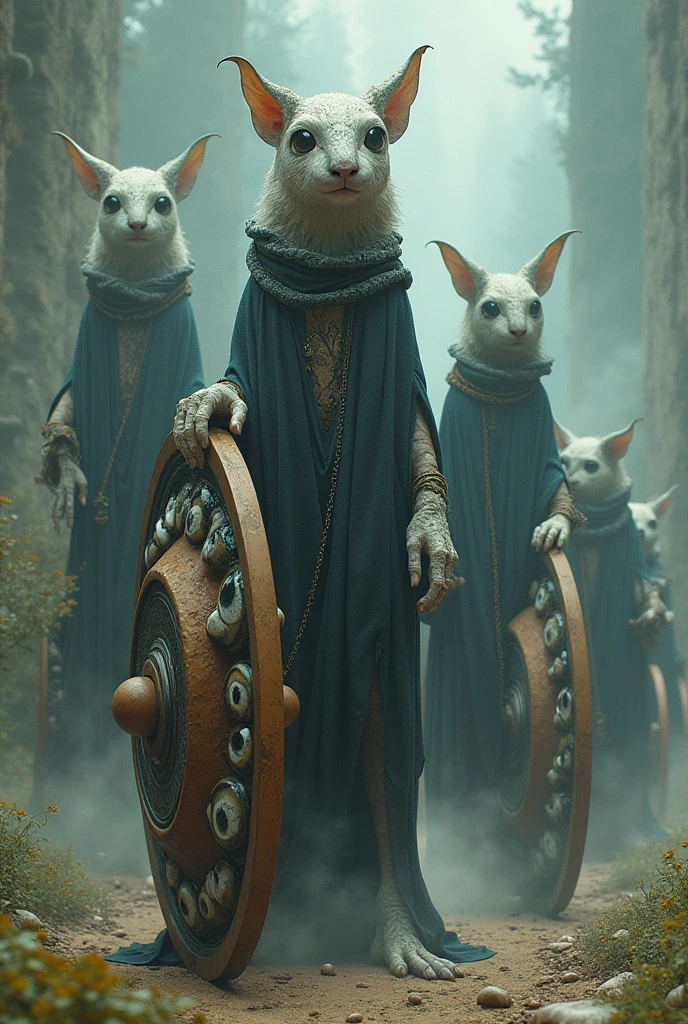 living creatures, each with four faces, and next to each creature is a wheel "within a wheel," which are the Ophanim. These wheels are covered in eyes and move in unison with the living creatures.