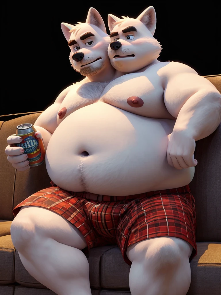 solo, arctic fox, twins, 60 year old male, (holding two beer cans in hands), natural pose, sexy pose, sitting on couch, different facial expressions, tired, bored, annoyed, two identical heads attached to the same body, arctic fox ears, bald, stubble, beard, white fur, masculine, three necks, eyes, adult, male, 3d, by disney, by pixar, (overweight, fat, obese, big belly, out of shape), black background, shirtless, navel, male nipples, boxers, correct hands, correct anatomy, ultradetailed, best quality, detailed masterpiece, highly detailed masterpiece, 4k, professional cartoon