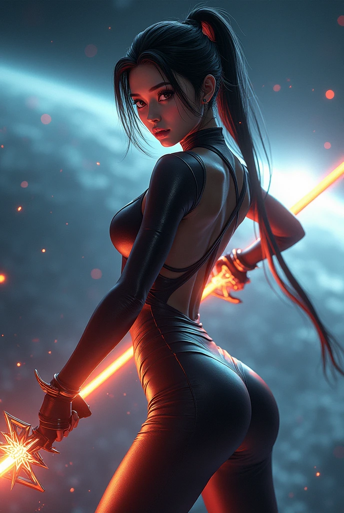 Eve, Stellar Blade, Asian, bust, tight suit, space, nalgona, hair tied, Honey eyes, DARK hair, simple background, 8k, HD, high, heels, 3D, Hot, natoraj, ps5