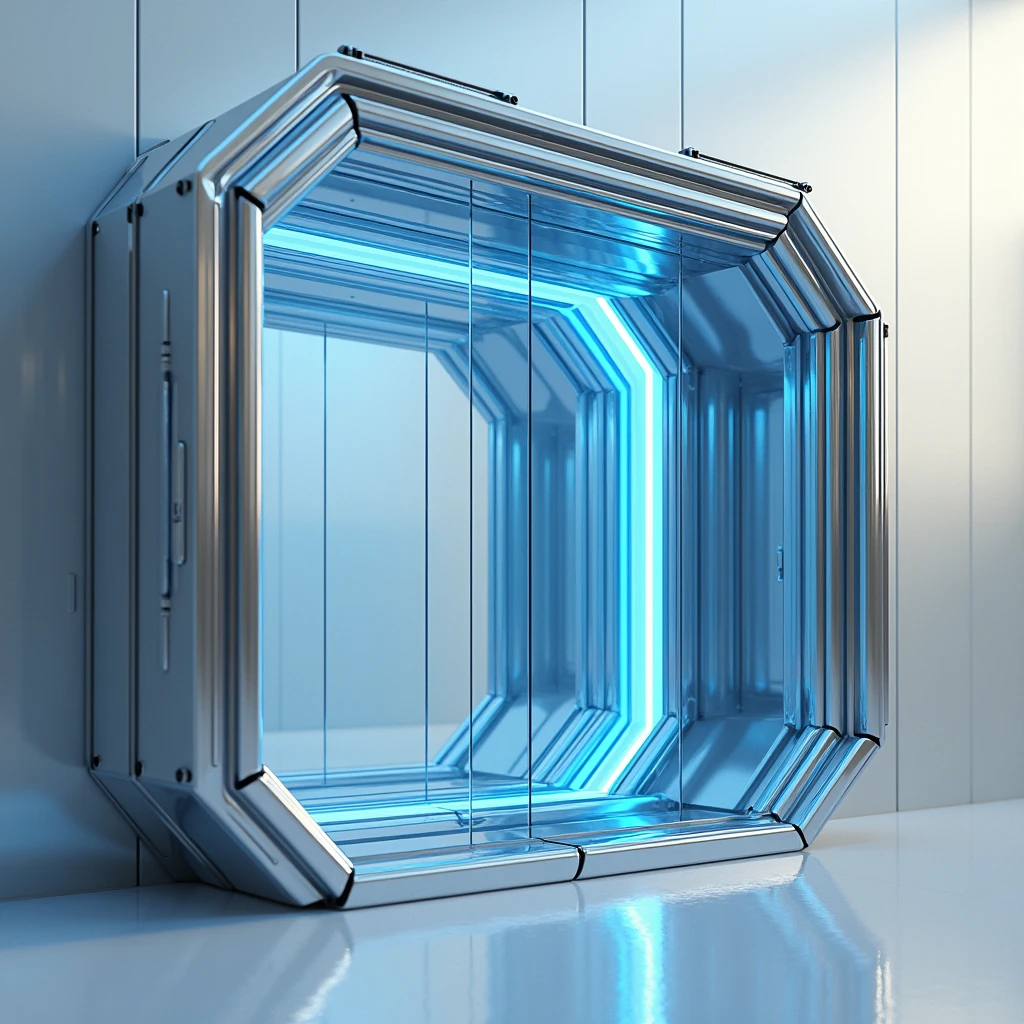 magine creating a 3D view image of a magnificent architectural work rendered from a marvel of aluminum with reflective glass, where light is reflected creating a complex pattern. The frame must be angular and precise, while glass can have subtle reflections of light. Use metallic tones like silver and grey, with blue details for light reflection, creating an image that suggests innovation and high technology."of the structure of a figure that on one side is a door and on the other side a window this image is very detailed with bright colors and chromes, in the structure
