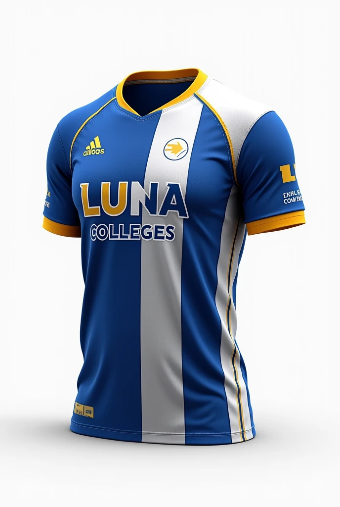 Make me a Luna Colleges Volleyball (Jersey T shirt) with jersey number at the back and front technically two images with back design jersey of Luna Colleges Volleyball 
Blue, white and a little bit of yellow col and white background without human 
For man