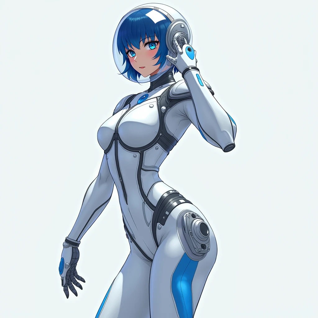 (masterpiece, highest quality, highest resolution, distinct_image, detailed details): (Solo, lone girl, Japan face, blue haired girl, short cut, full body figure, small size breasts, sparkling blue colored eyes, pilot suit in metallic white and blue color, tight fit clothes, clothes covering the whole body, beauty, slim body, exoskeleton, sexy pose, heroine, Full face helmet, knee boots)