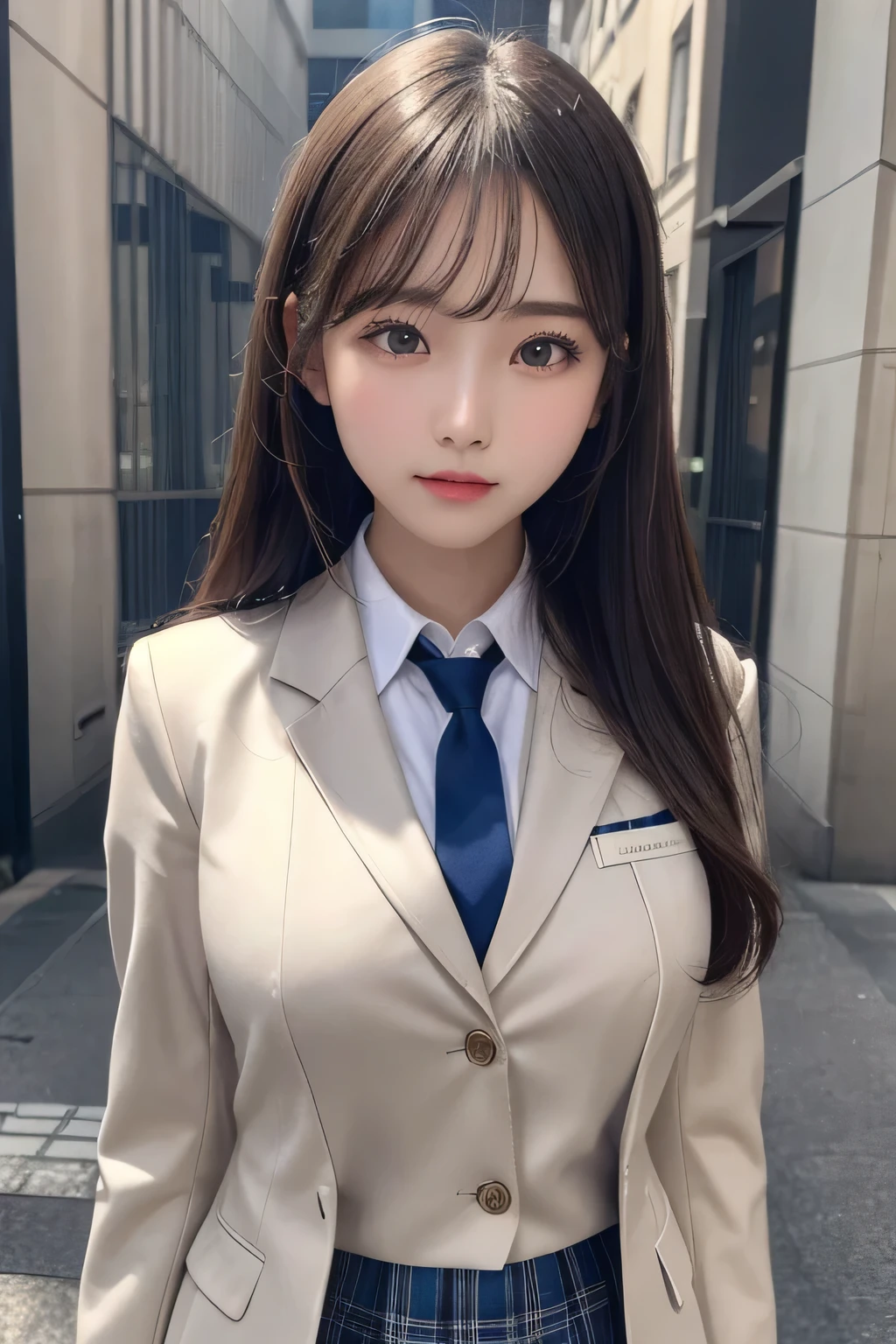 One Girl, 1 person,Highest quality,High resolution,超High resolution,8k,Realistic,Upper Body,encounter_audience,Large Breasts, the body is slim,(blazer School uniform:1.2),