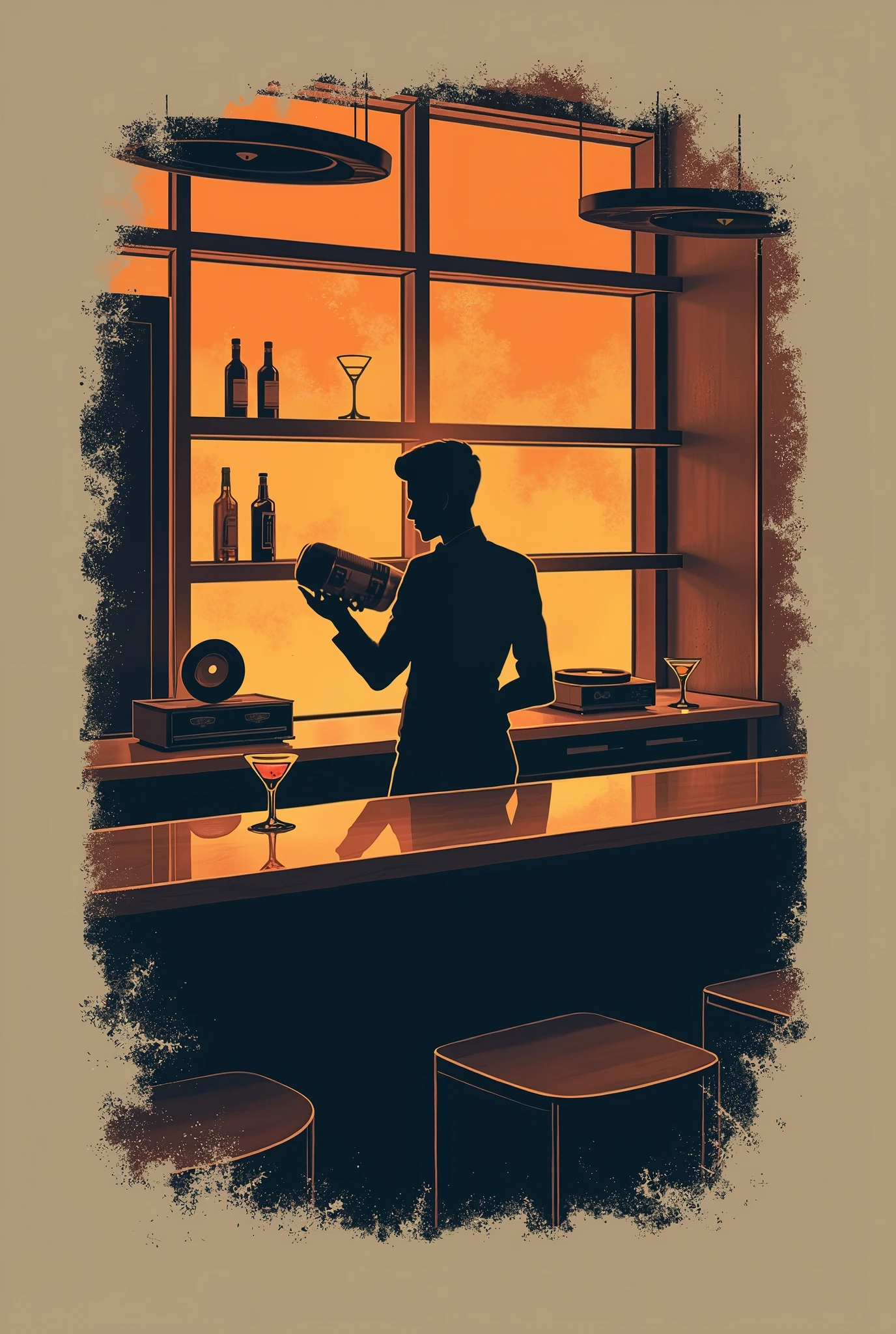 Réaliser le design d’un tee t-shirt représentant un bar restaurant audiophile de musique sélectionnée de très bon goût ou l’on vient se restaurer et écouter de la super musique