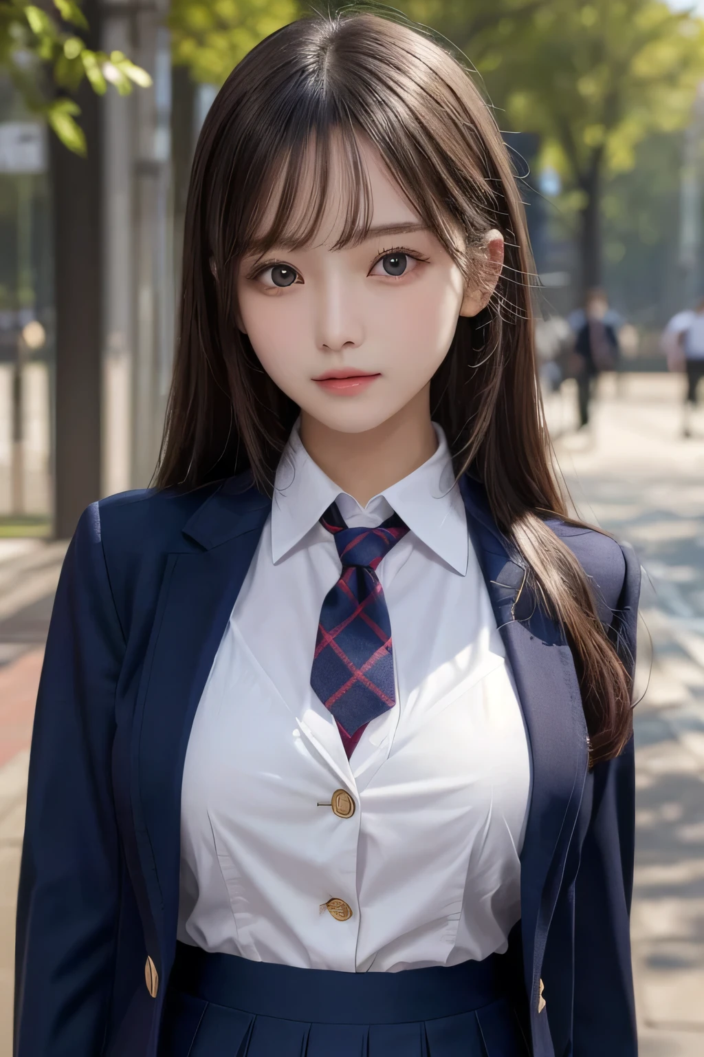One Girl, 1 person,Highest quality,High resolution,超High resolution,8k,Realistic,Upper Body,encounter_audience,Large Breasts, the body is slim,(blazer School uniform:1.2),