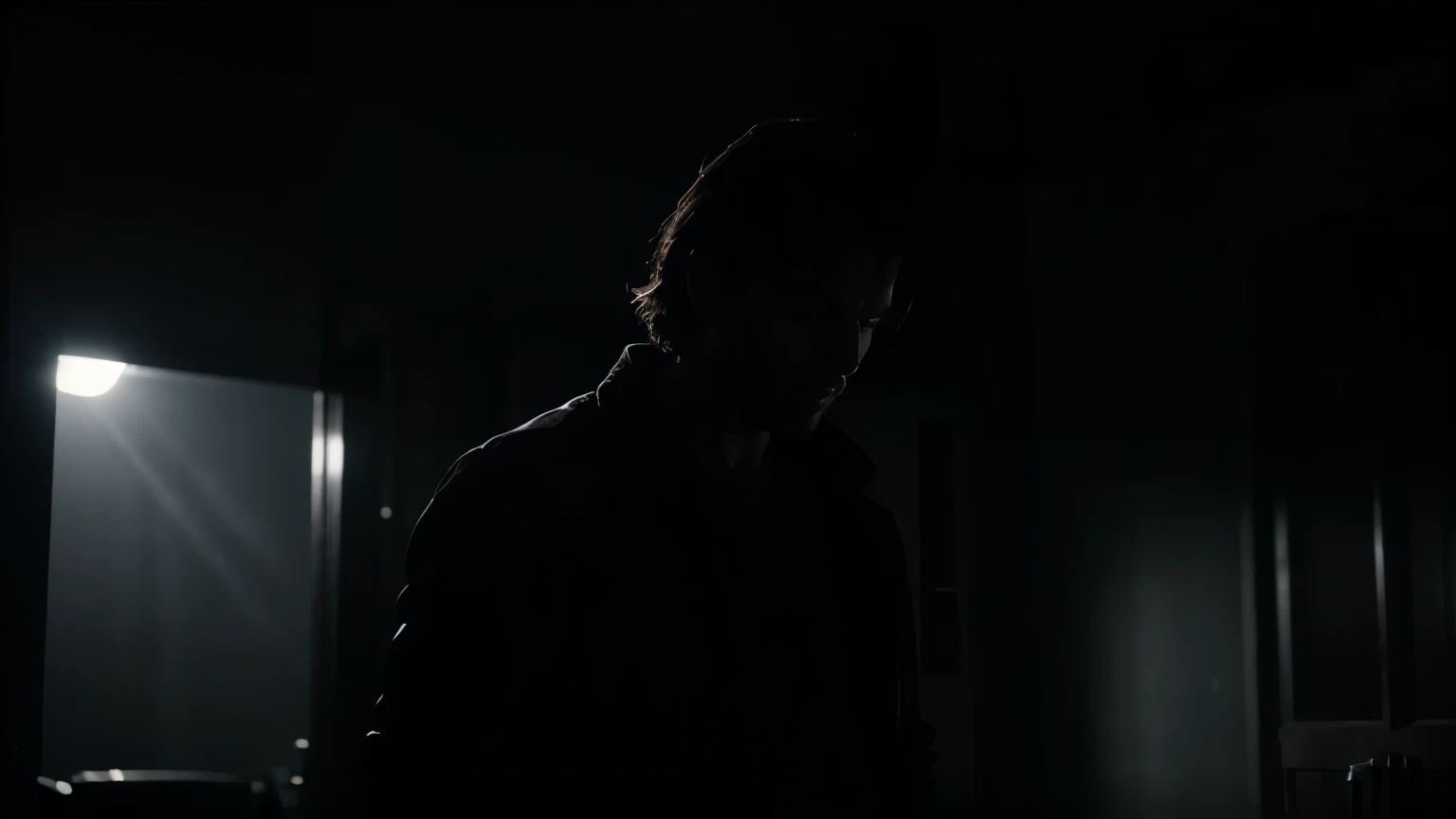 A man standing in a dark room, un hombre de espaldas, visto desde atrás, pov back, it's night, both have their eyes closed, dramatic chiaroscuro lighting, moody atmosphere, cinematic, emotional, (best quality,4k,8k,highres,masterpiece:1.2),ultra-detailed,(realistic,photorealistic,photo-realistic:1.37),dramatic lighting,dramatic shadows,moody atmosphere,cinematic composition,emotional expression,closed,strong chiaroscuro,dramatic contrast,dramatic lighting, 