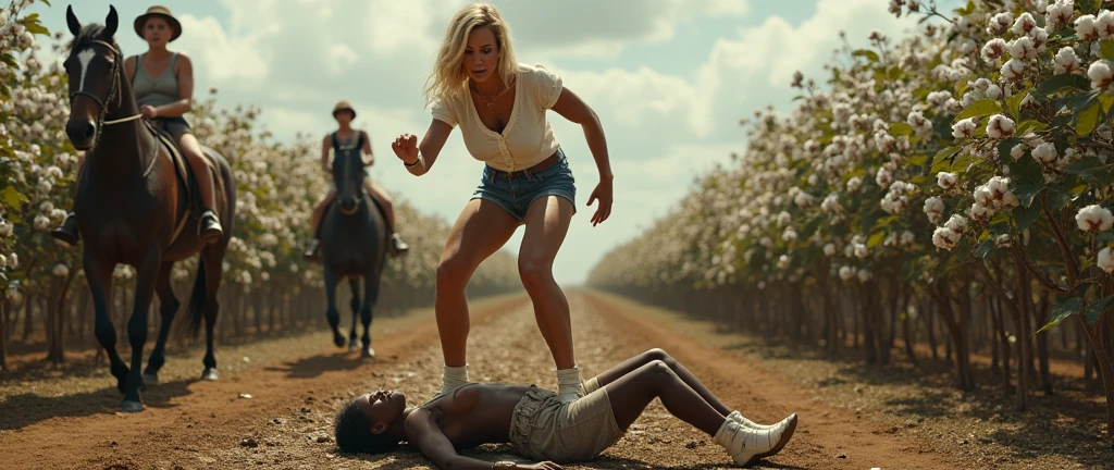 ((best quality)), ((masterpiece)), (detailed), a white woman, tall, angry, strong, muscular legs, with blonde hair, pretty feet with white nails, wearing denim shorts, white blouse and white sandals high heeled, trampling directly on the body of an old African woman, who is lying on the ground, bleeding, crying and dressed in dirty clothes. 
In the background, a cotton plantation and blonde women on horses with whips in hand.