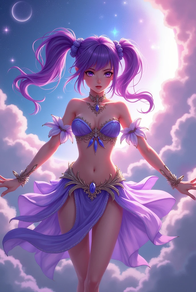 Teen girl, twintail, crop top, belly, violet hair, belly dancer outfit violet and white color, ziyan battle through the heavens, front
