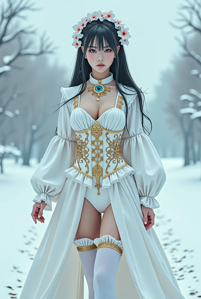 A beautiful Vietnamese girl、Departing on a morning of determination、Cute beautiful girl's serious expression、Her eyes are big and droopy and cute.、whole body真っ白のゴスファッション、Intricate gold decoration、Gold Garter Belt、White knee-high socks、The background is a light blue snowy landscape、High-quality, realistic photo-like、whole body、Standing posture