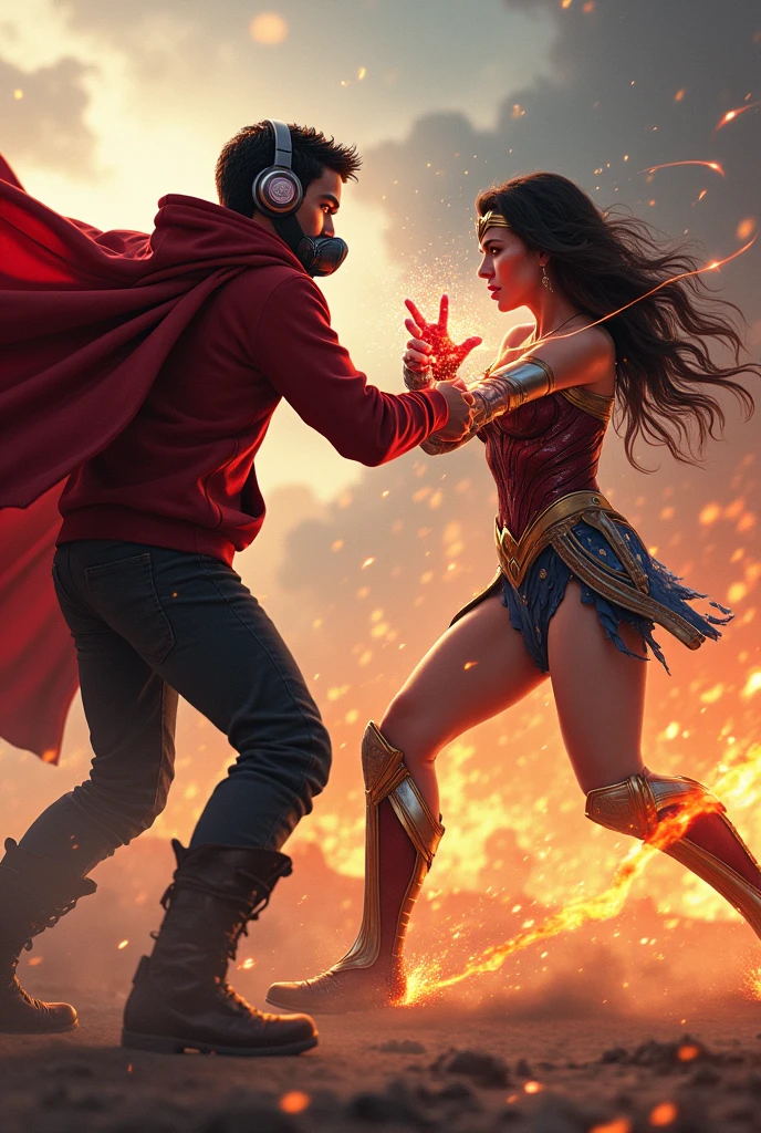 Young Star-lord with red hoodie, headphones, star-lord helmet, gas helmet, covered mouth, round red eyes, Red eyes, magic rings in the hands and rocket boots, Vs. Wonder woman (Big tits) , Fighting, power, fiction, full body, 2 person, magic lasso, hight, fall, fire in boots, poweful spells, fighting, realistic, helmet, mask, red cape, confrontation, punch