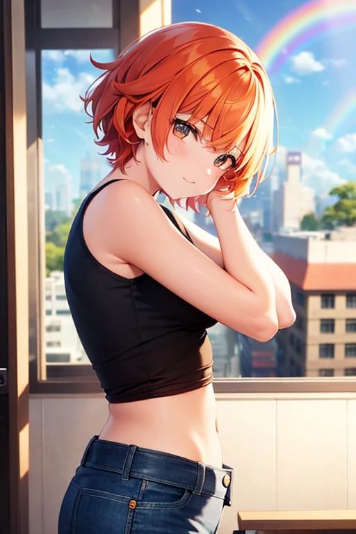 a girl, short bright orange hair, from side, rainbow clothes (there/them, lesbian)