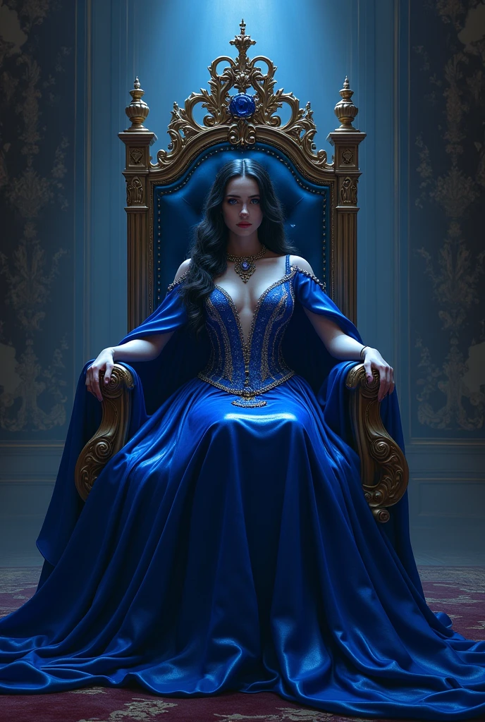 A dark-haired duchess seated on a sapphire throne with a sovereign&#39;s order in her hands 

