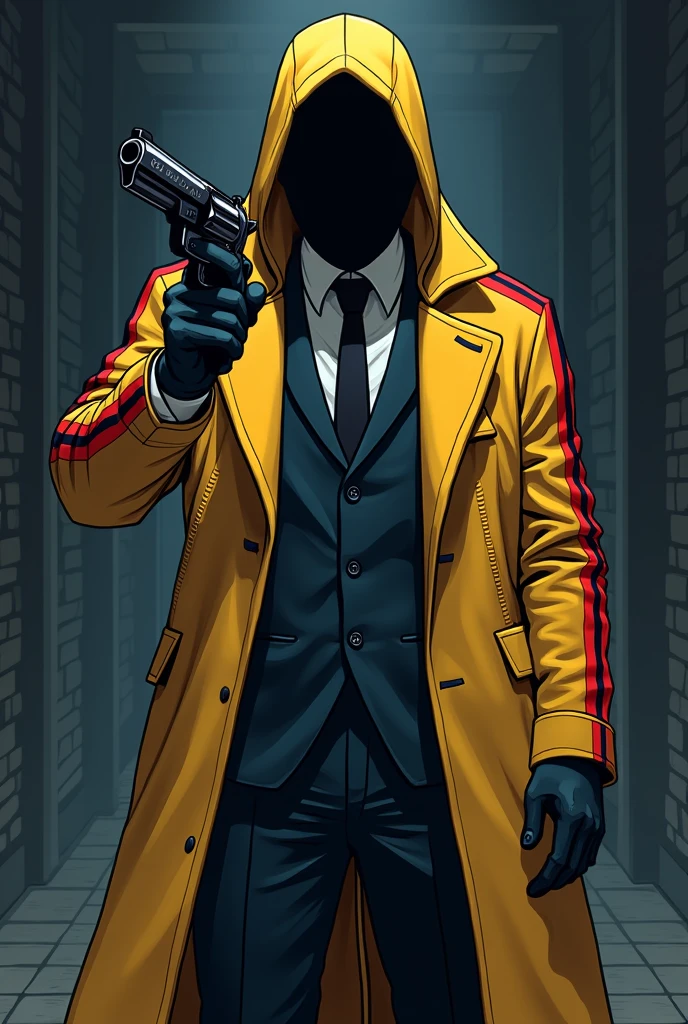 A killer wearing a suit with a yellow winter coat with several red and black stripes and this man is holding a revolver in anime pixel art style
