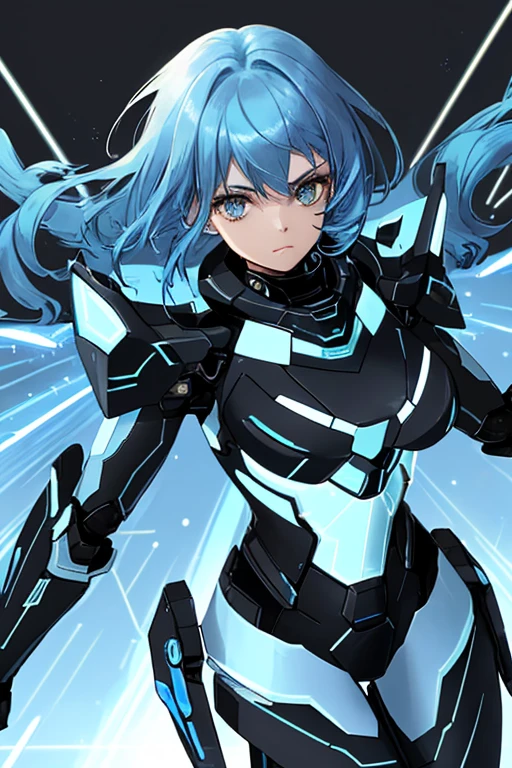 solo, High resolution, Shortcuts, Blue Hair/Light blue hair, Sparkle Effect, Highest quality, woman,Proud face,Black combat suit,Luminescent gold,Blue lines on suits,Active、Static Effect,blazing fiercly