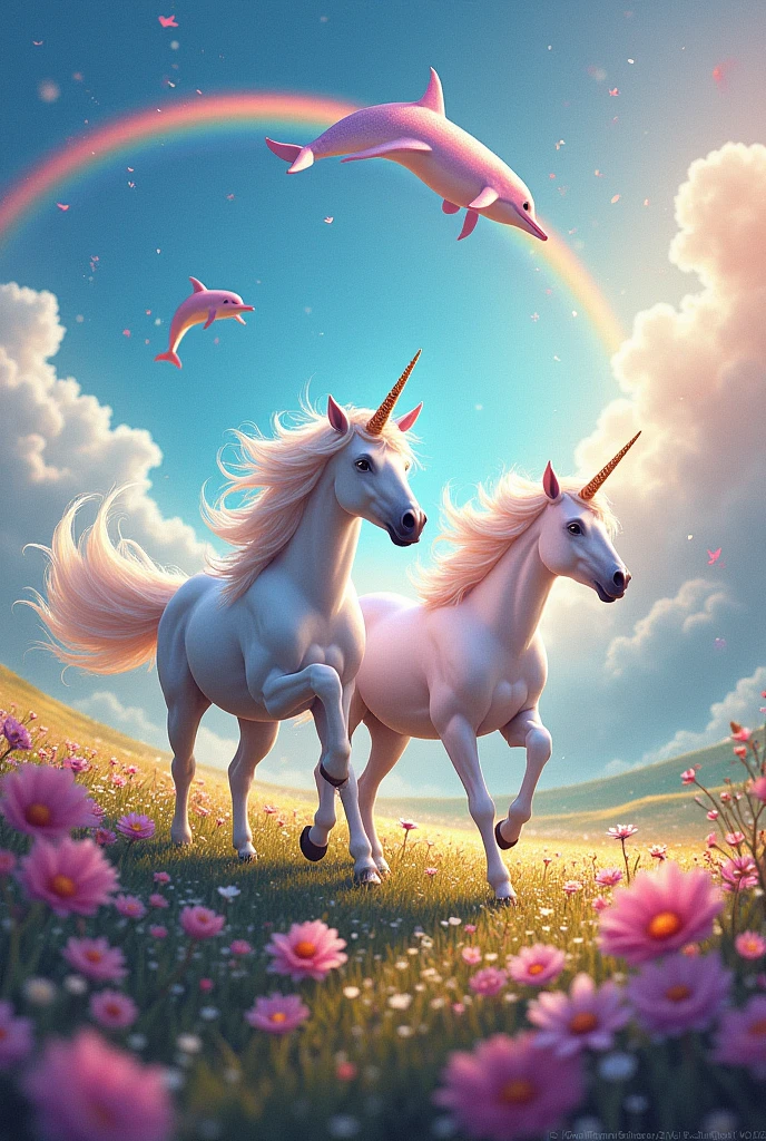 A super colorful landscape with unicorns, dolphins and rainbows