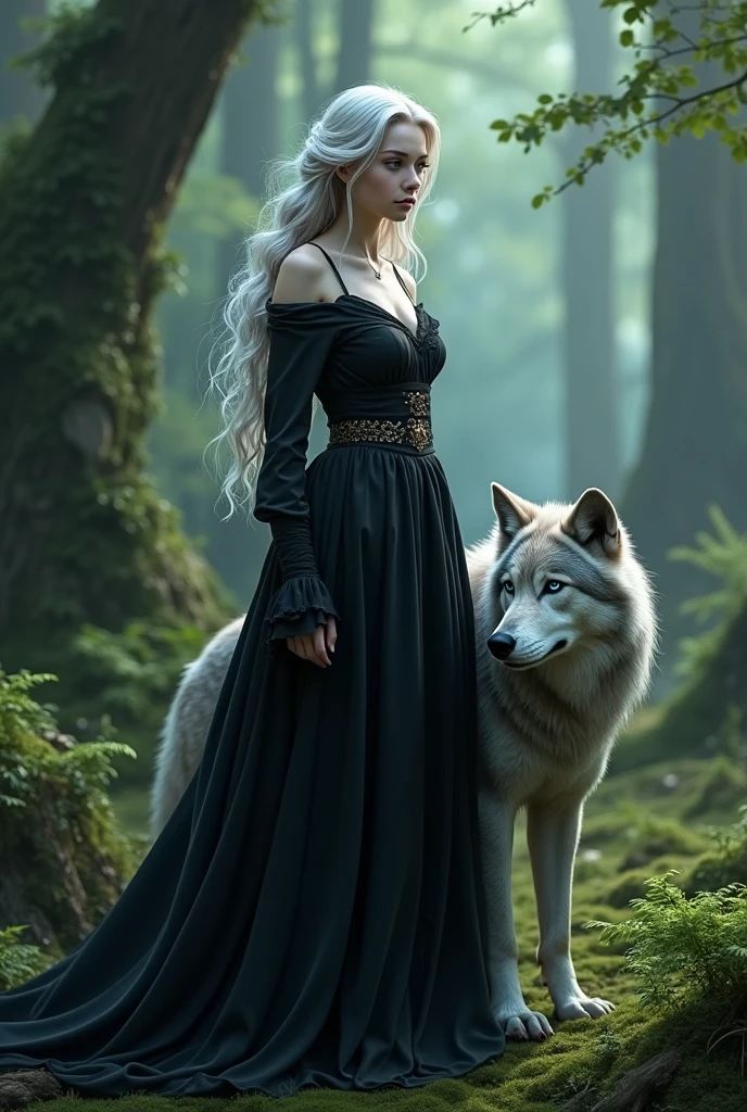 Beautiful young witch with light skin and blue eyes, long wavy silver hair dressed in black in the middle of a forest and accompanied by a gray wolf 