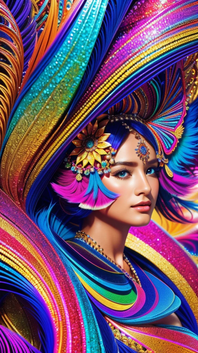 ((fractal art)),((artwork,Best Quality,extremely detailed,ultra high resolution,detailed background)),(((abstract background))),(1 girl),((showy)),flores,(shiny skin),((many colors)),(toys),feathers