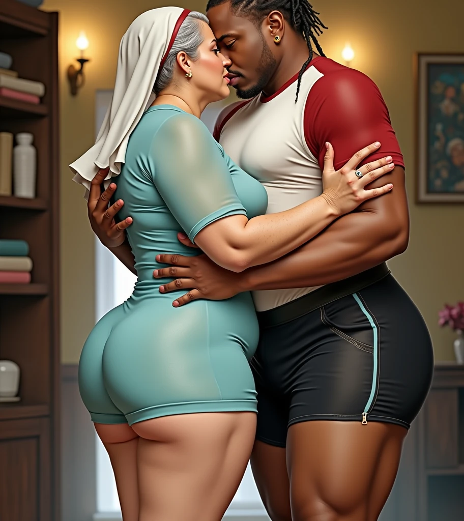 (Photorealistic:1.4), (Masterpiece artwork:1.3), (Maximum quality:1.4), Ultrarealistic, HD 8k,
corpo inteiro bem proporcionado e sexy
Woman madura, aged 50, with a very big ass and huge breasts dressed as a nun
(Cao Cao (muscular) black male )),
man black lycra thong, powerful jaw, detailed medium dreadlocks, dominant, Big muscular arms, broad chest, narrow waisted, strong legs, clean face,
her bright expression, extremely beautiful, awesome gorgeous, Extraordinary beauty, Detailed cute e beautiful face, Beautiful big blue eyes,freckles, blonde hair with short bun, small and cheerful nose, thin red lips, beautiful bangs, Bright, glowing white skin, Bangs that extend to the face, tight body, toned abdomen, sexy buttocks, huge and steep, subtle makeup, extremely pale Woman, Extremely pale skin,
(cozy room for night), moody lighting alternative vibe,vibrant lighting, hight contrast,dramatic shadows,highy detailed,skin detailed,Depth of field,dynamic angle,bright lighting, film grain,
Woman (plain white translucent gauze t-shirt, panties pink) , extremely translucent shirt,
men's lycra thong,
full body view, Woman e man show desire, (man holding her neck kissing her), legs intertwined, full steing view, Look of desire, sensual bite lips , 5 fingers, Perfect feet, passionate pose, ((uncovered body)), full body exposed, (NO DEFORMATIONS), (no tattoos), (perfect toes), extremely explicit e erotic, detailed chest, nun with a big ass, very big tits, wide hip, elderly nun with a spectacular body