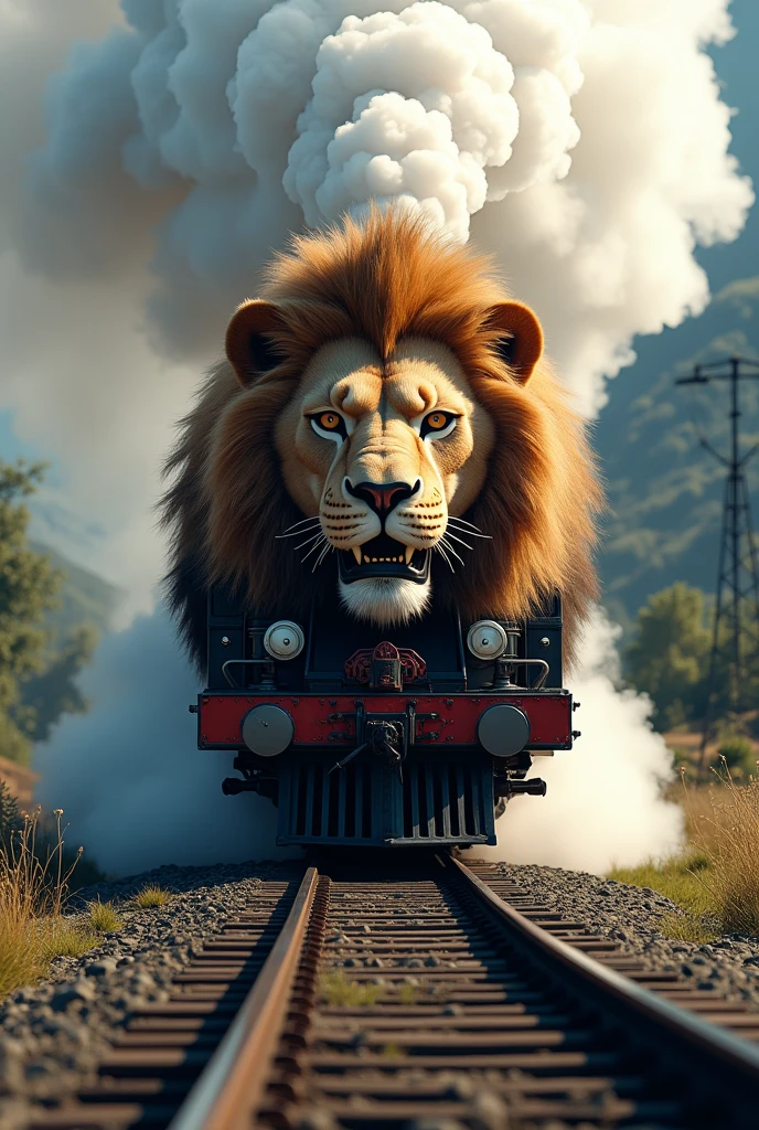 A steam train with a big lion's face running on the railway, as real as in real life.