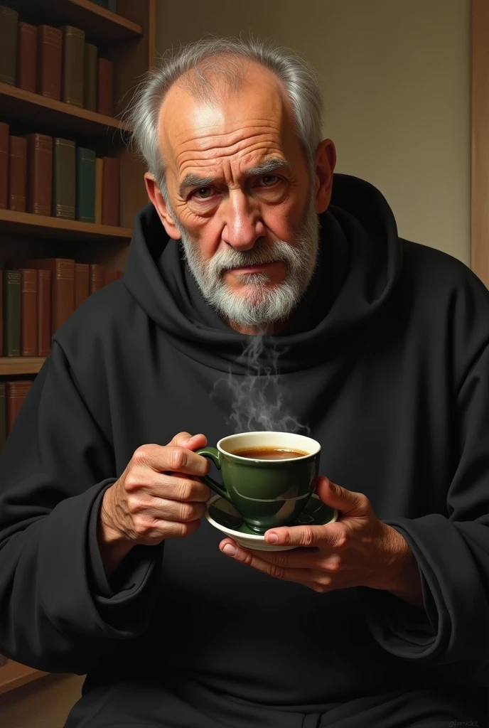 creates an image of a slightly bald and hairless old Jesuit drinking Colombian coffee

