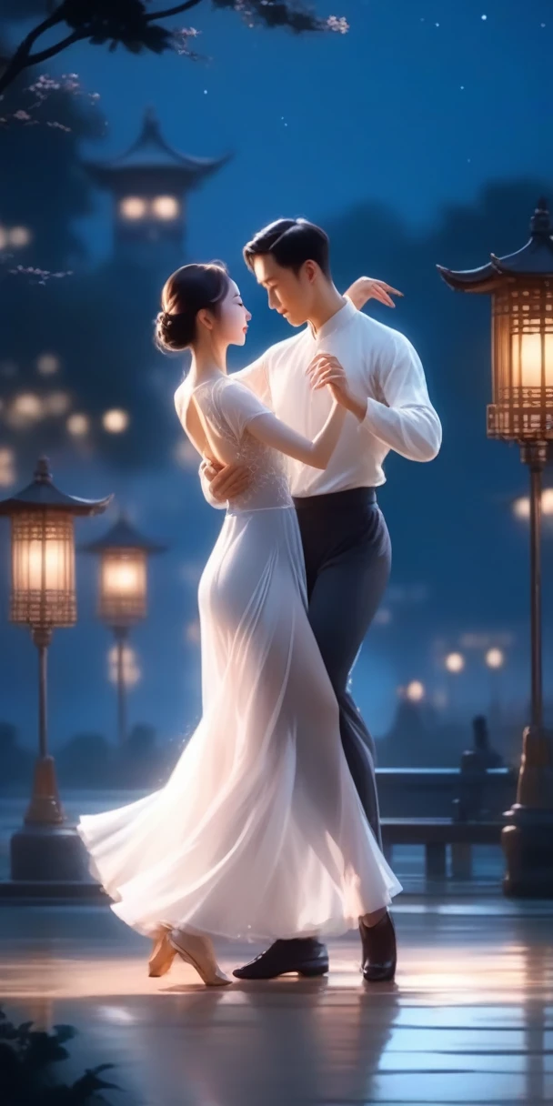 High-detail RAW color, full-body shot, a chinese girl in transparent long white dress dance tango with a man in parklake in moonlight