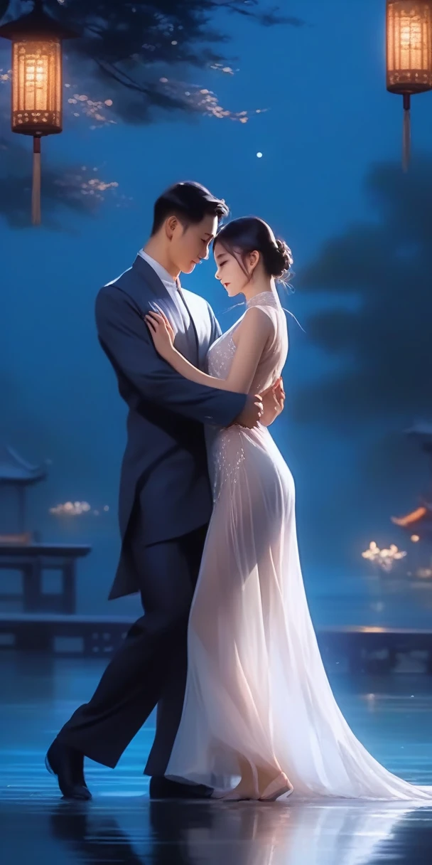 High-detail RAW color, full-body shot, a chinese girl in transparent long white dress dance tango with a man in parklake in moonlight