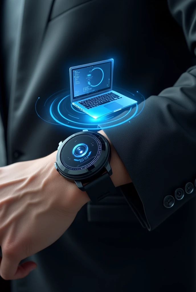 Black smart watch, that a scanner comes out of it that can be seen, and that scanner is blue and a blue hologram comes out in a circular shape and inside the hologram put a laptop but the watch is on the hand