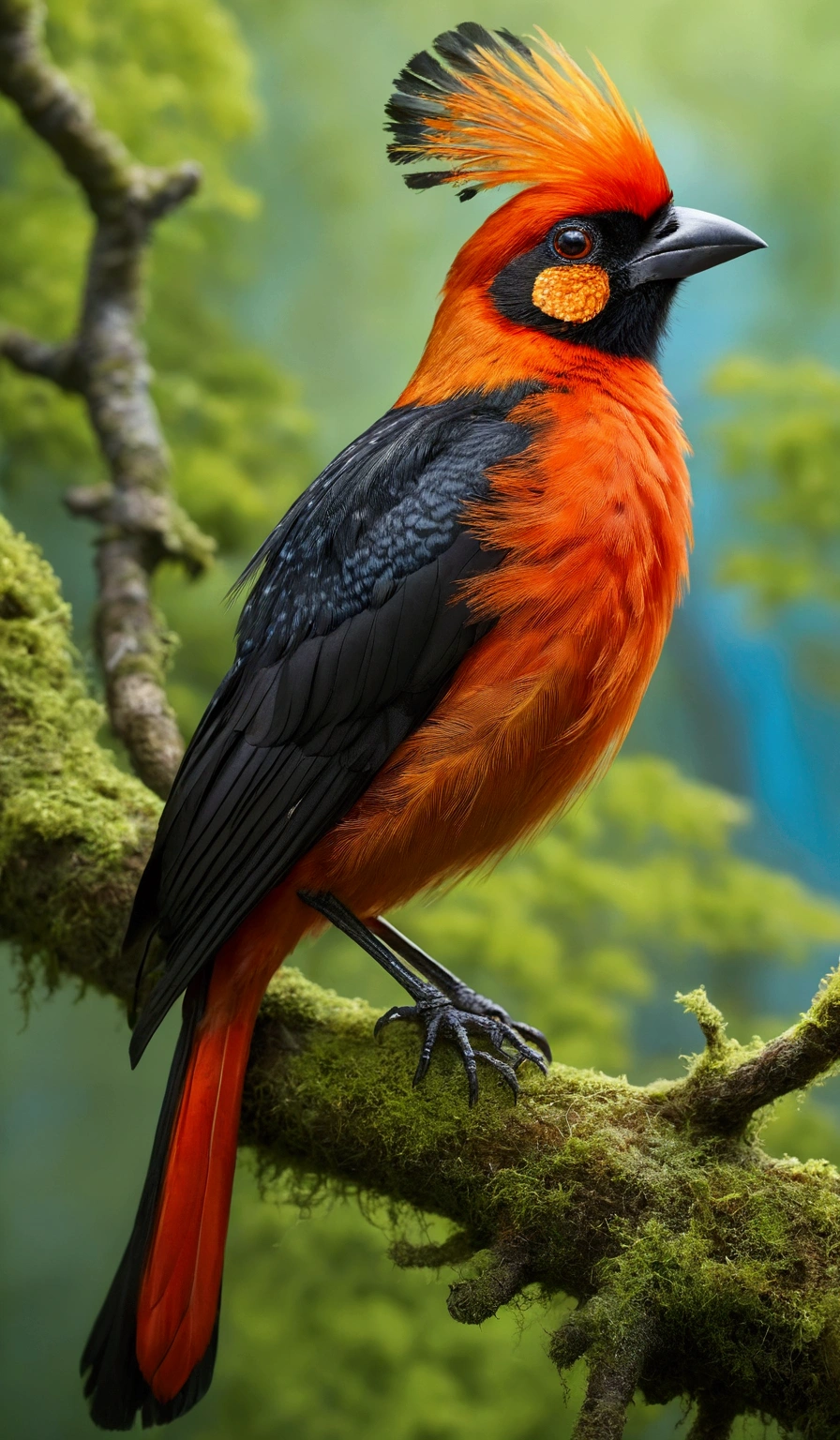 A bird with bright red plumage and black accents, including black shapes on the chest, perches on a twisted, moss-covered branch in lush green surroundings. against a vibrant, colorful background perched on a branch, with bright blue feathers on its head and neck, an orange eye, and a body adorned with gray polka dot feathers. , emphasizing the bird's striking appearance."