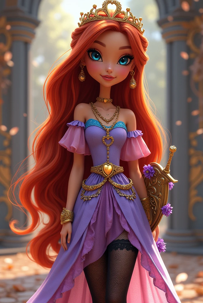 Imagem da filha da Darling Charming e da Holly O'Hair de Ever After High: Long, leg-length red hair in a copper or golden-red tone with a loose light blue streak in a side braid and with light blue highlights, navy blue eyes, birthmark under the eye, skin tanned, lilac dress top with pink sleeves with black strings, purple with baby blue on the bottom with flowers, a golden belt around the waist, golden accessories, a purple flowery tiara crown, black lace tights and gold heeled shoes, golden bracelet on the arms, golden heart shield and a golden sword on the back