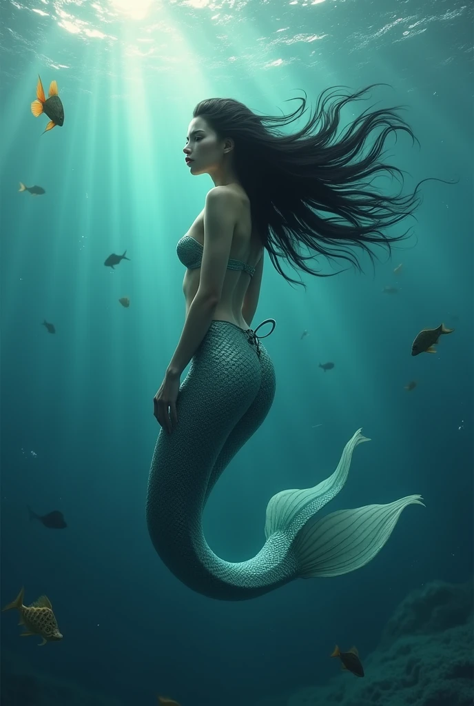 mermaid, black hair, swimming in the seas, looking at the camera